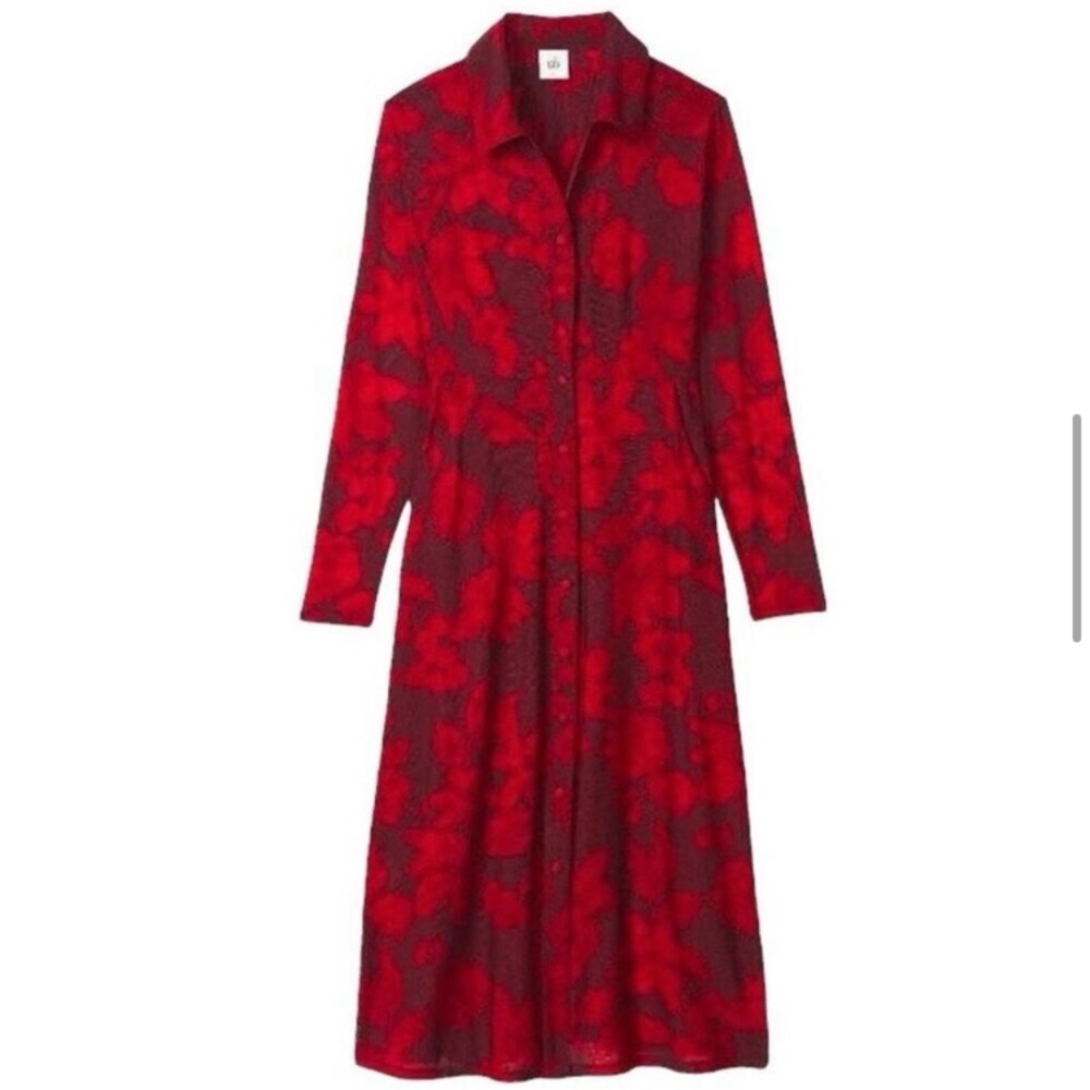 CAbi • “Fire & Ice” Red Floral Button Down Floral Midi Shirt Dress - Picture 6 of 14